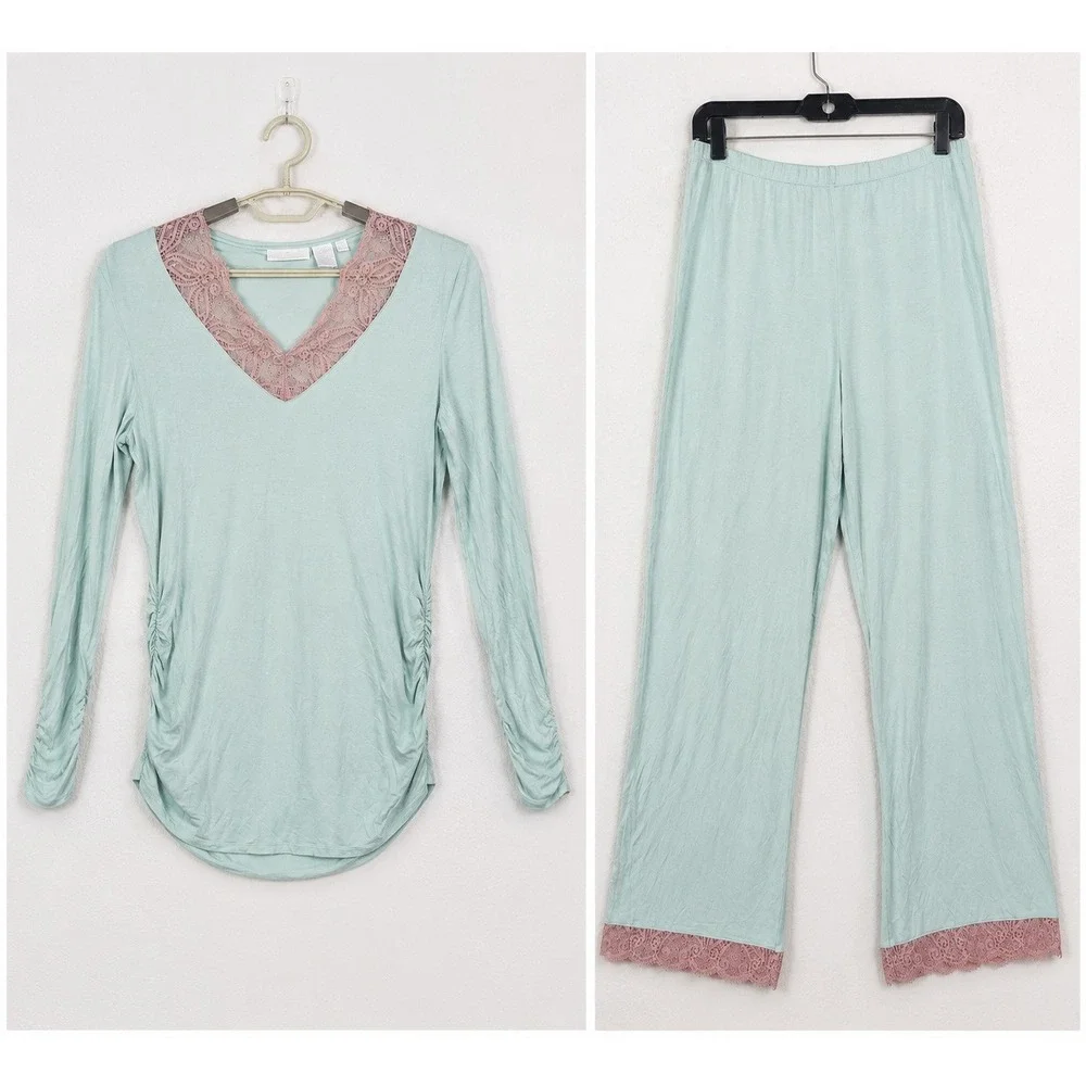 Soft Surroundings Pajama Set S Seafoam Green Lace Trim Lounge Soft Lightweight